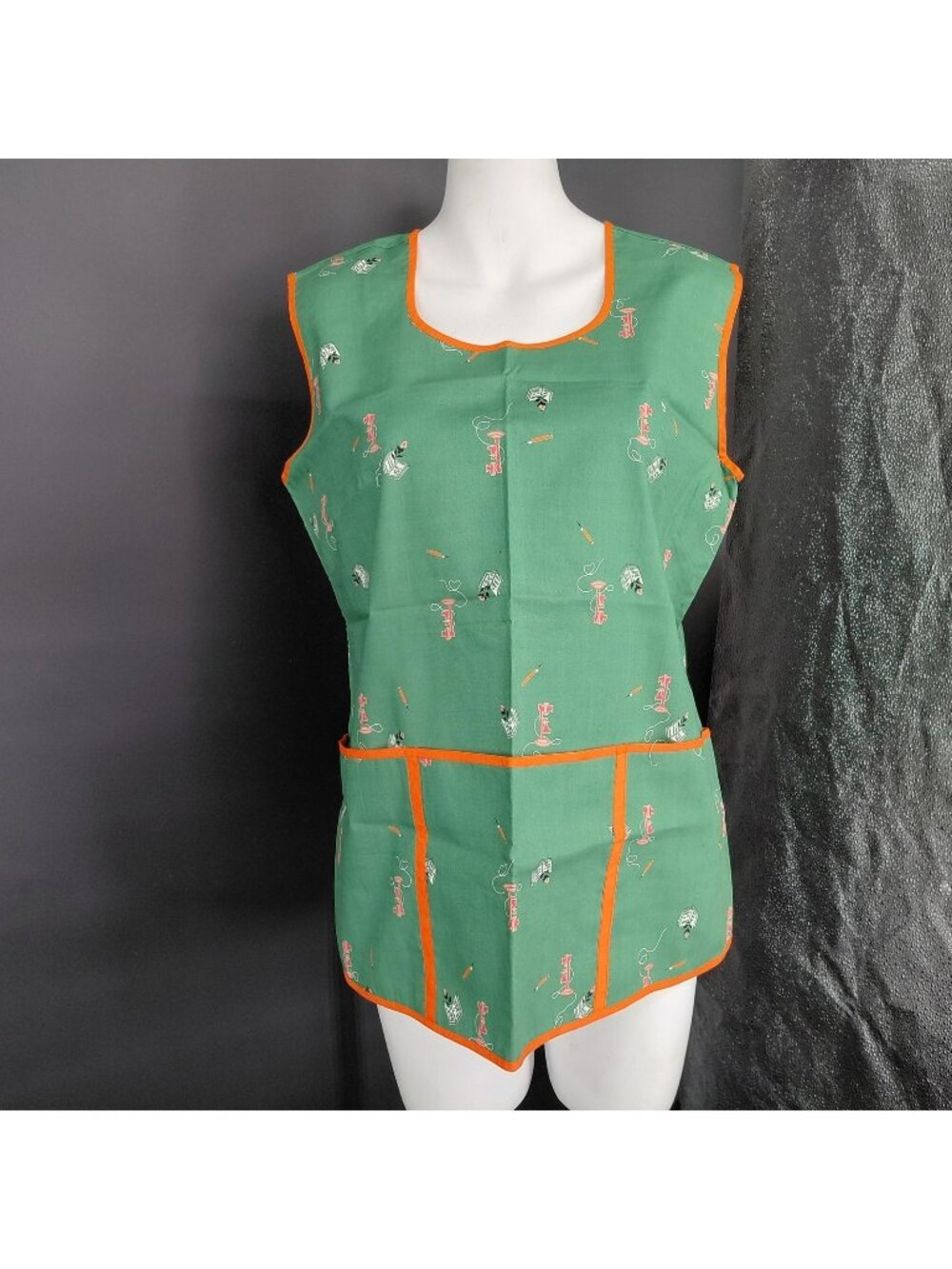 Vintagw Smock Apron Women Large Green Sewing Print Pocket Retro Art Granny Trad